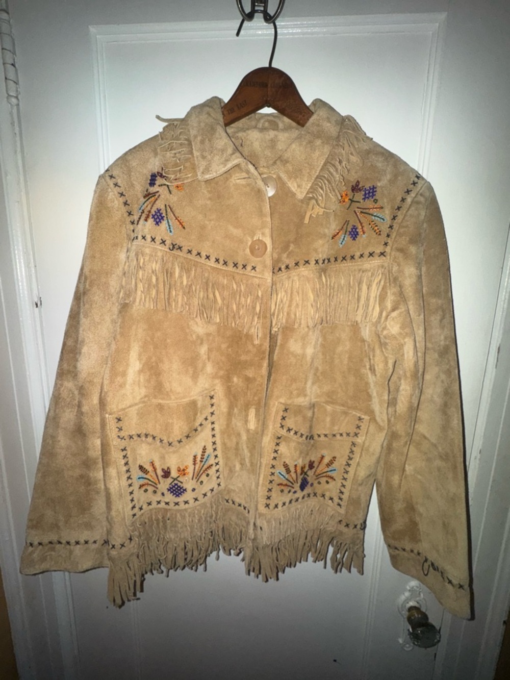 Native style beaded Fringed Suede Embroidered Jacket - Tan
